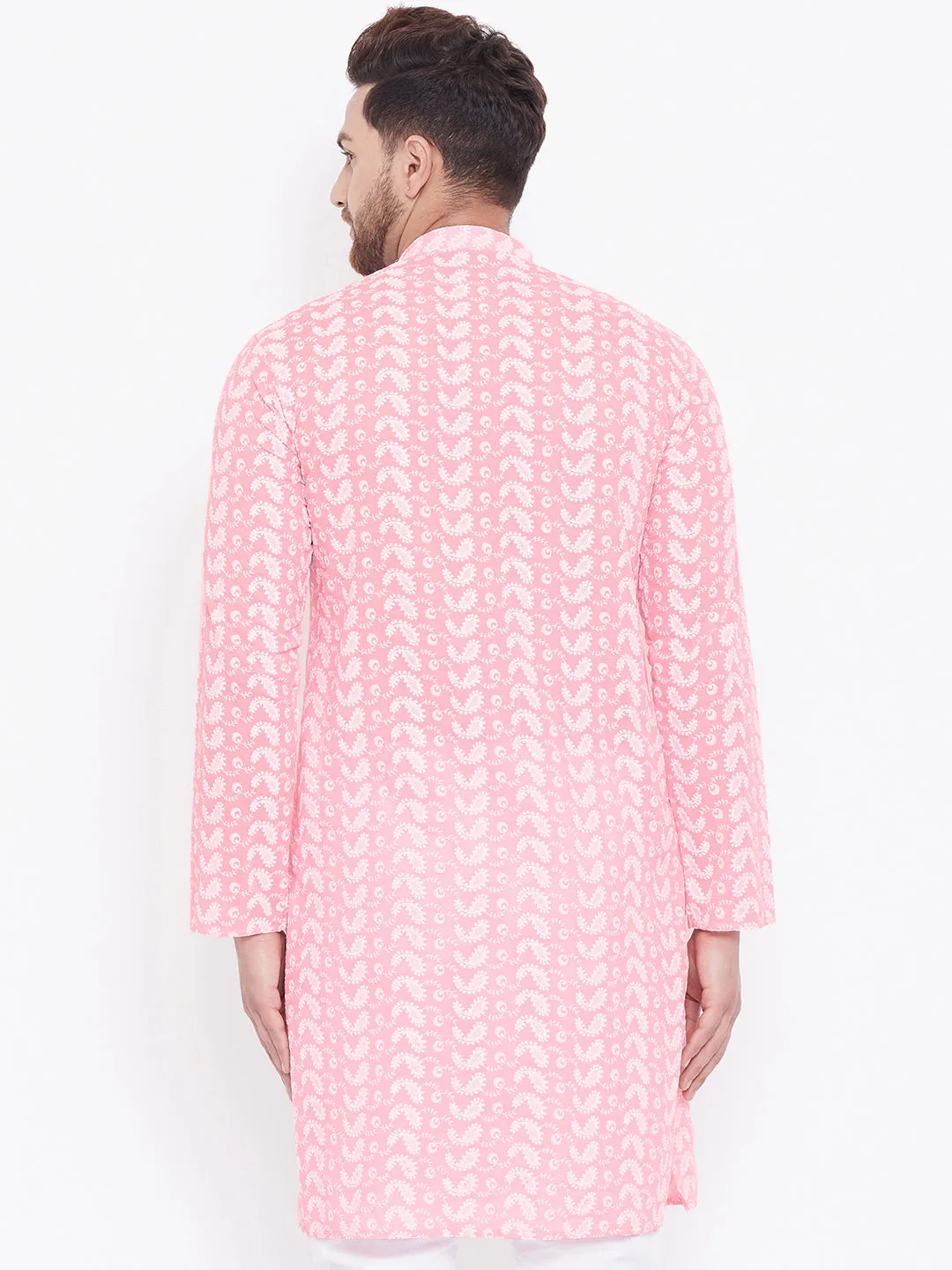 VASTRAMAY Men's Pink Pure Cotton Chikankari Kurta
