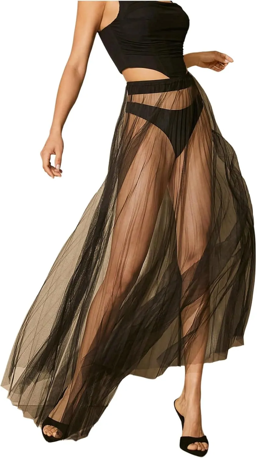 Verdusa Women's Mesh Sheer Lightweight Maxi Skirt A Line High Waist Flare Flowy Skirts