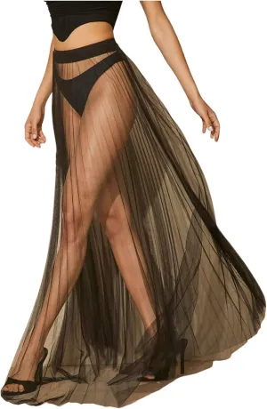 Verdusa Women's Mesh Sheer Lightweight Maxi Skirt A Line High Waist Flare Flowy Skirts