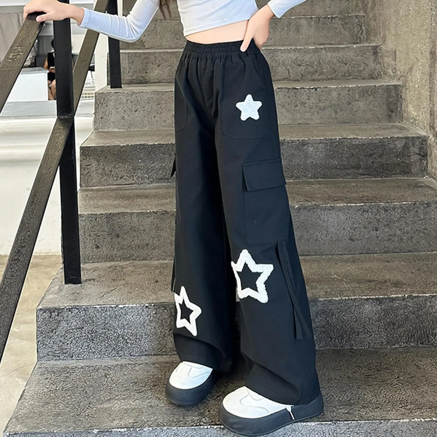 Viatabuna Star Cargo Baggy Pants for Girls Kids High Elastic Waist Embroidery Y2k Wide Leg Pull On Trousers with Pockets