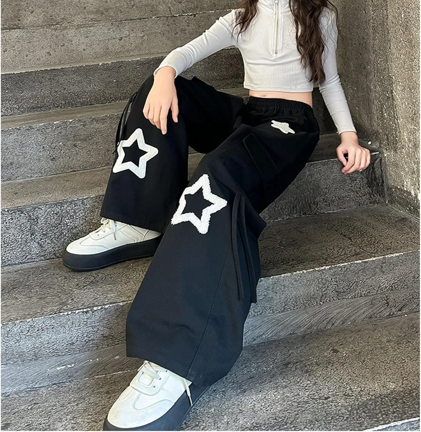 Viatabuna Star Cargo Baggy Pants for Girls Kids High Elastic Waist Embroidery Y2k Wide Leg Pull On Trousers with Pockets