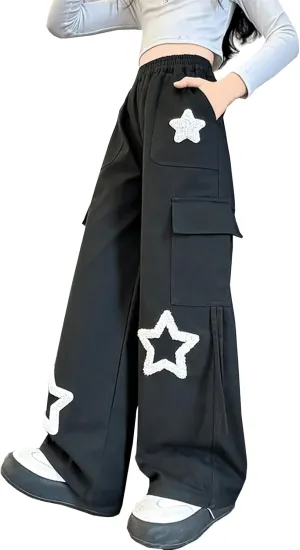 Viatabuna Star Cargo Baggy Pants for Girls Kids High Elastic Waist Embroidery Y2k Wide Leg Pull On Trousers with Pockets