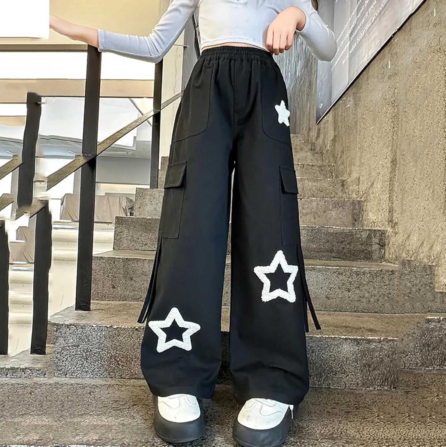 Viatabuna Star Cargo Baggy Pants for Girls Kids High Elastic Waist Embroidery Y2k Wide Leg Pull On Trousers with Pockets