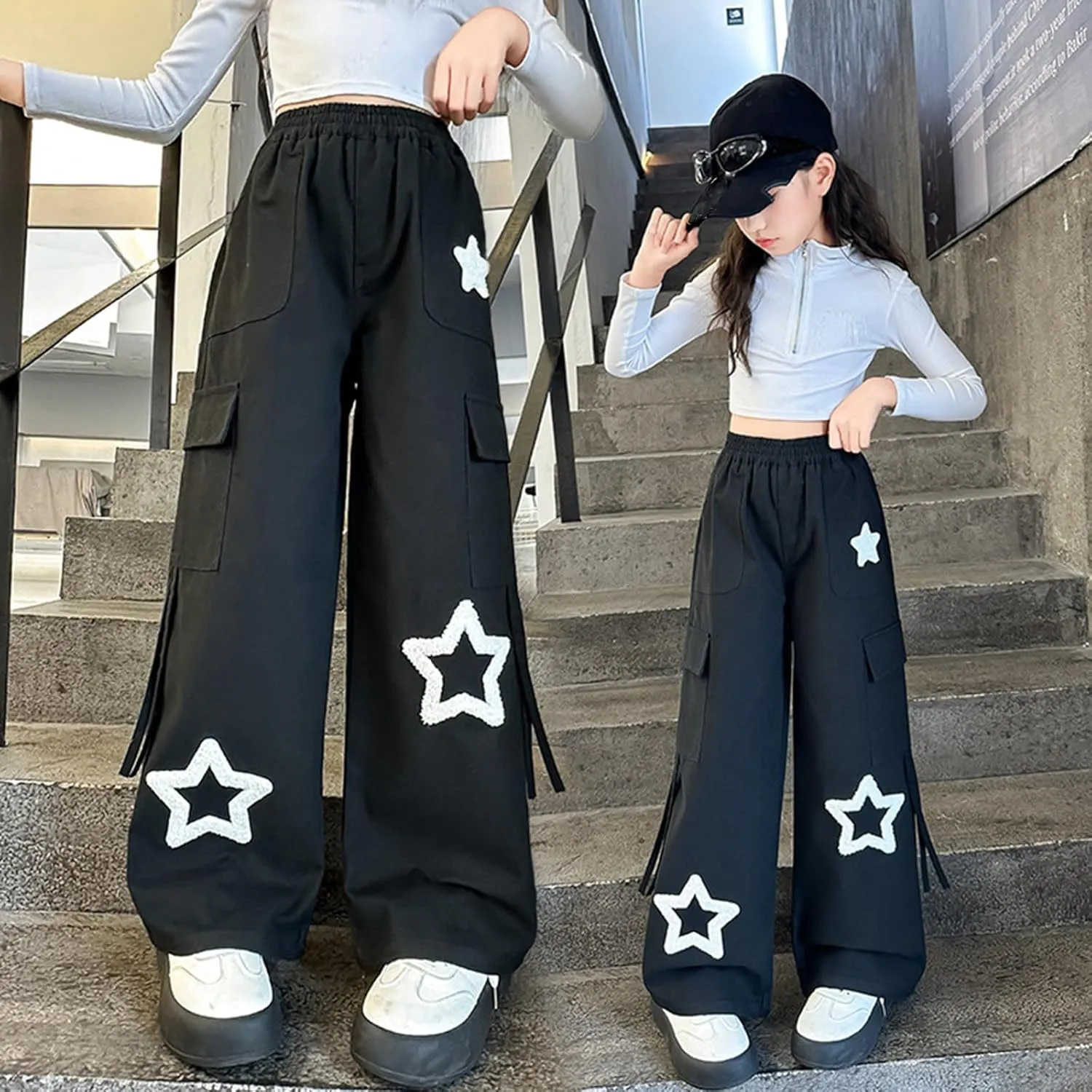 Viatabuna Star Cargo Baggy Pants for Girls Kids High Elastic Waist Embroidery Y2k Wide Leg Pull On Trousers with Pockets