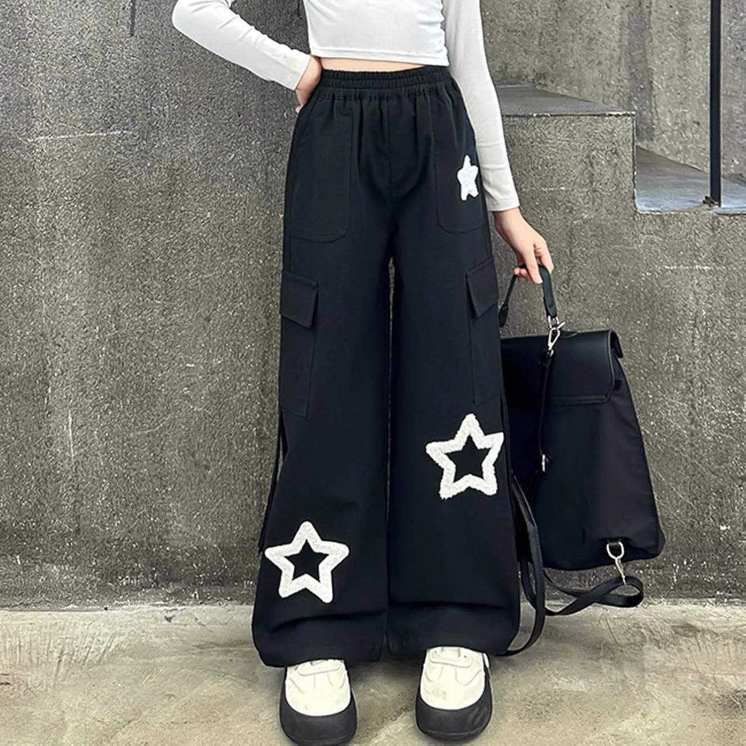 Viatabuna Star Cargo Baggy Pants for Girls Kids High Elastic Waist Embroidery Y2k Wide Leg Pull On Trousers with Pockets