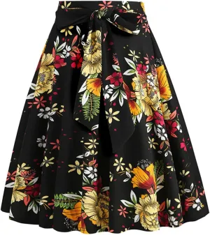 Vintage Floral Skirts for Women High Waist A Line Midi Skirt Pleated Flare Lace Up Mini Skirts Ladies Half Dress