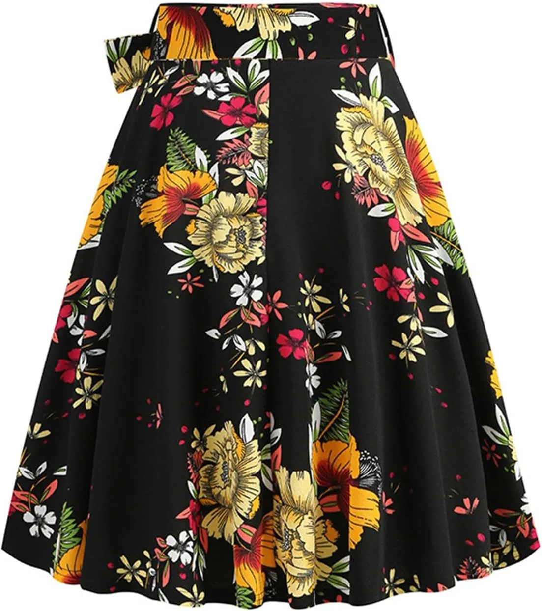 Vintage Floral Skirts for Women High Waist A Line Midi Skirt Pleated Flare Lace Up Mini Skirts Ladies Half Dress