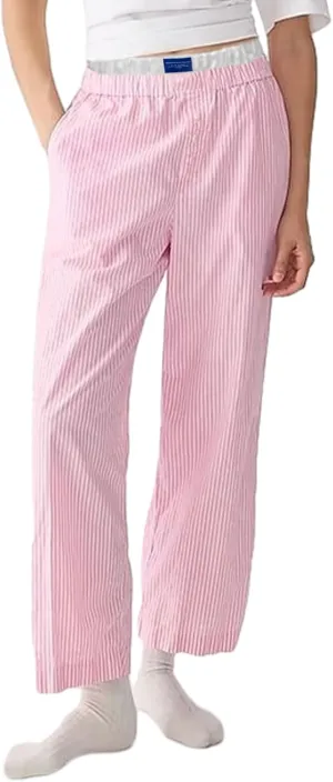 VISGOGO Womens Striped Blue Linen Pants Women Wide Leg Trousers Straight Elastic High Waist Loose Fit Y2K Fashion Pants