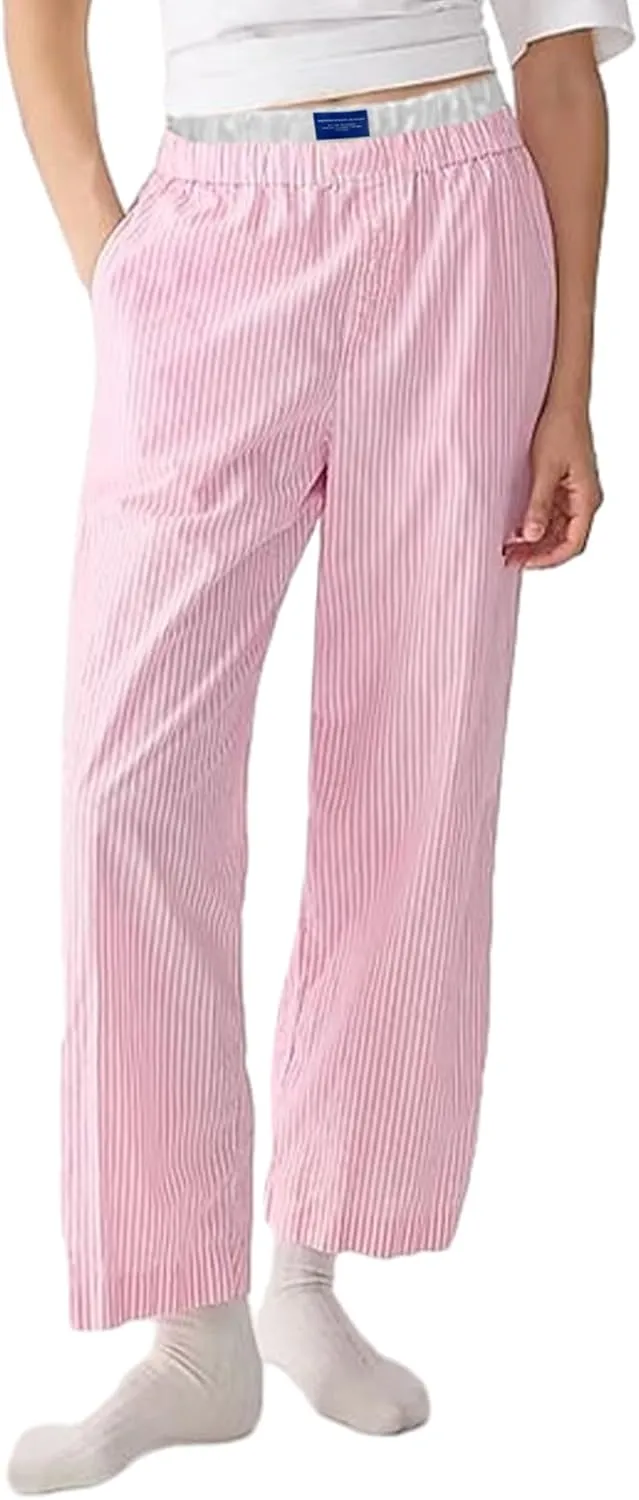 VISGOGO Womens Striped Blue Linen Pants Women Wide Leg Trousers Straight Elastic High Waist Loose Fit Y2K Fashion Pants