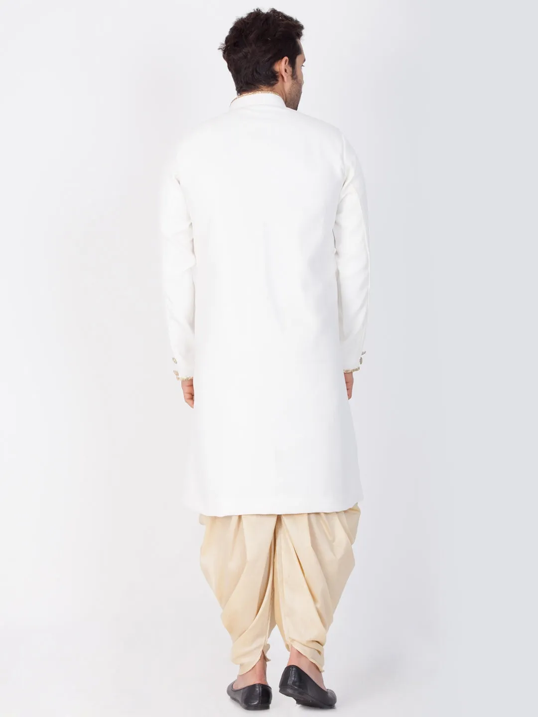 VM By VASTRAMAY Men's White And Gold Cotton Blend Sherwani Set