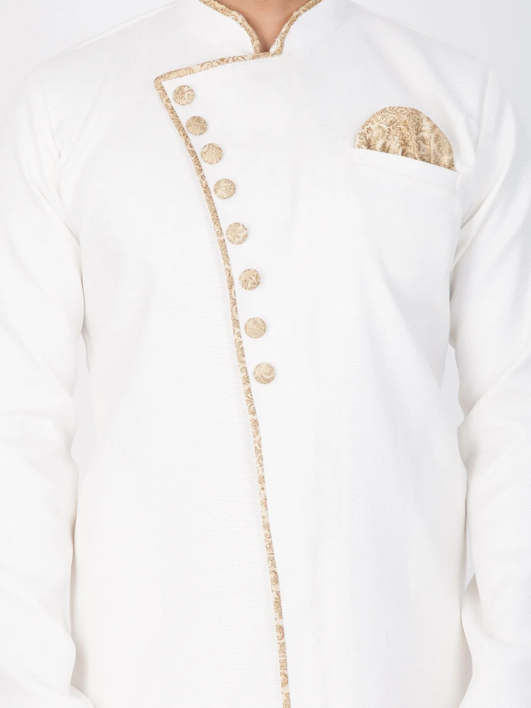 VM By VASTRAMAY Men's White And Gold Cotton Blend Sherwani Set