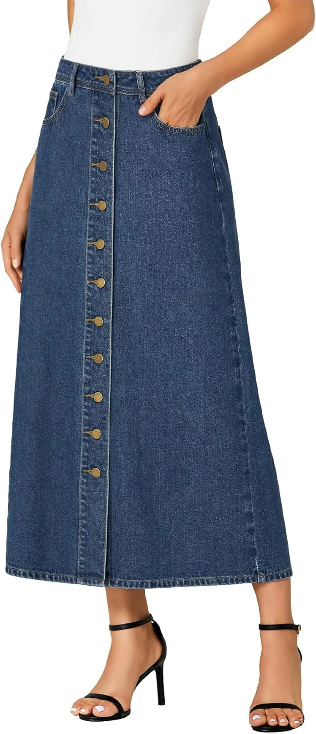 Vrtige Women's Casual Button Down High Waisted A Line Jean Midi Long Denim Skirt with Pockets