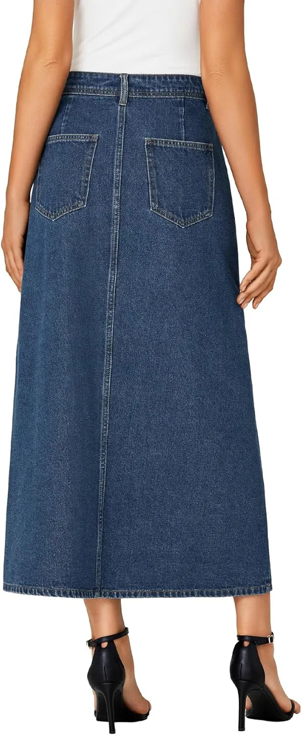 Vrtige Women's Casual Button Down High Waisted A Line Jean Midi Long Denim Skirt with Pockets