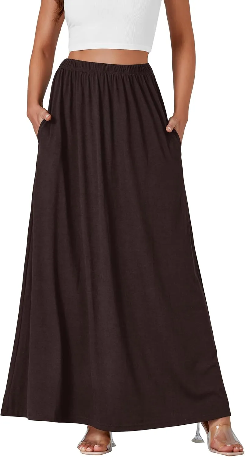 Vrtige Women's Casual Elastic High Waist Flowy Hem A Line Maxi Skirt with Pockets