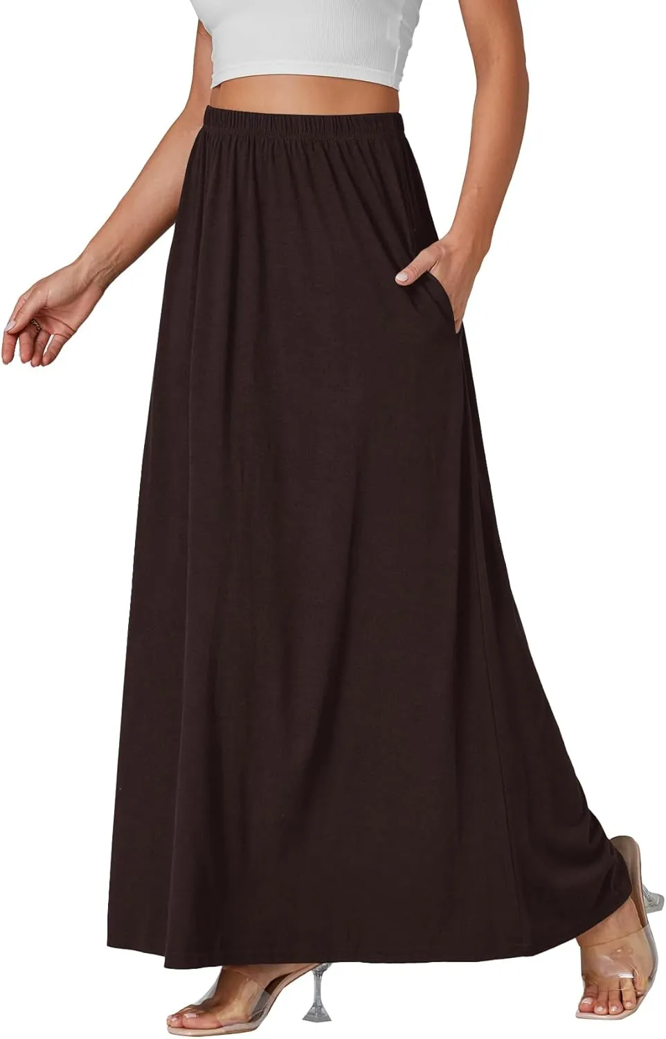 Vrtige Women's Casual Elastic High Waist Flowy Hem A Line Maxi Skirt with Pockets