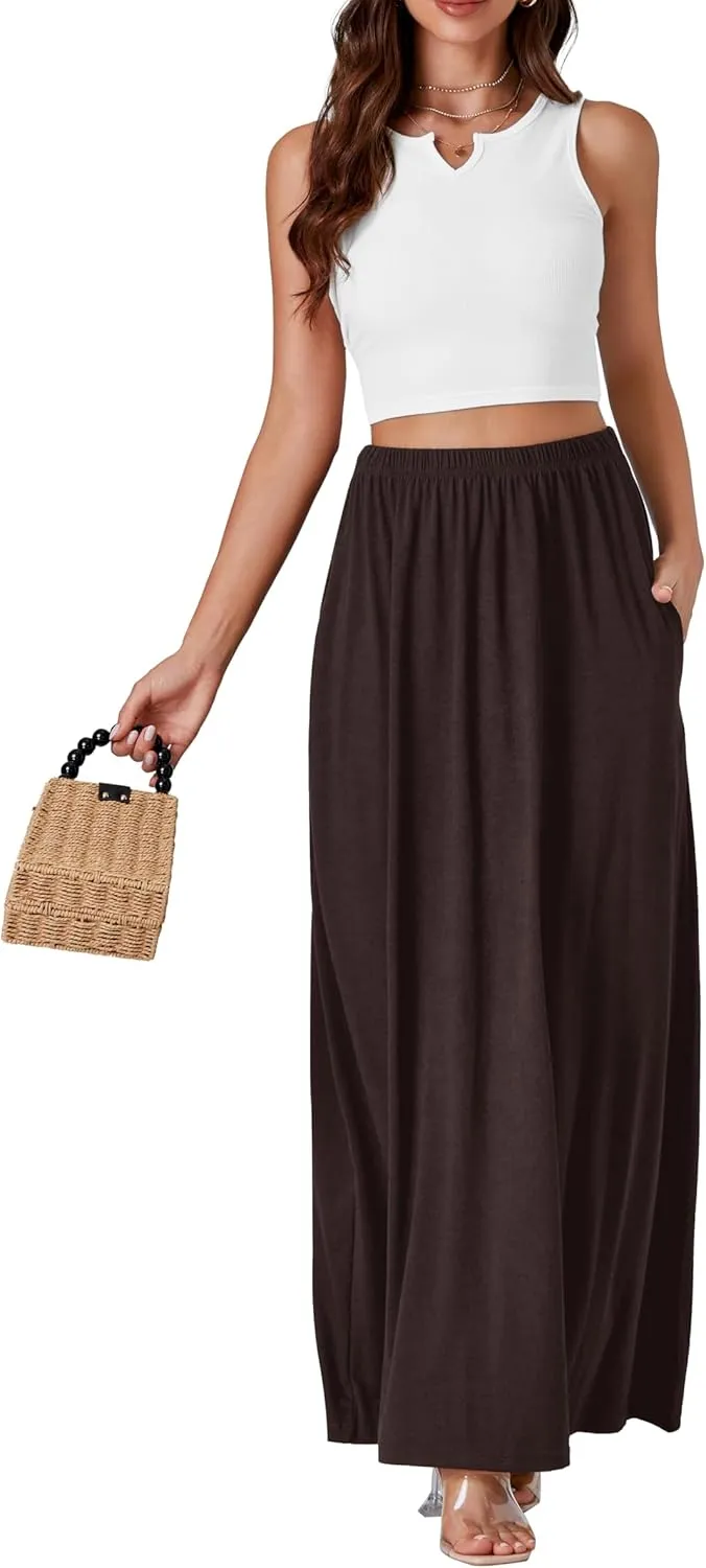 Vrtige Women's Casual Elastic High Waist Flowy Hem A Line Maxi Skirt with Pockets
