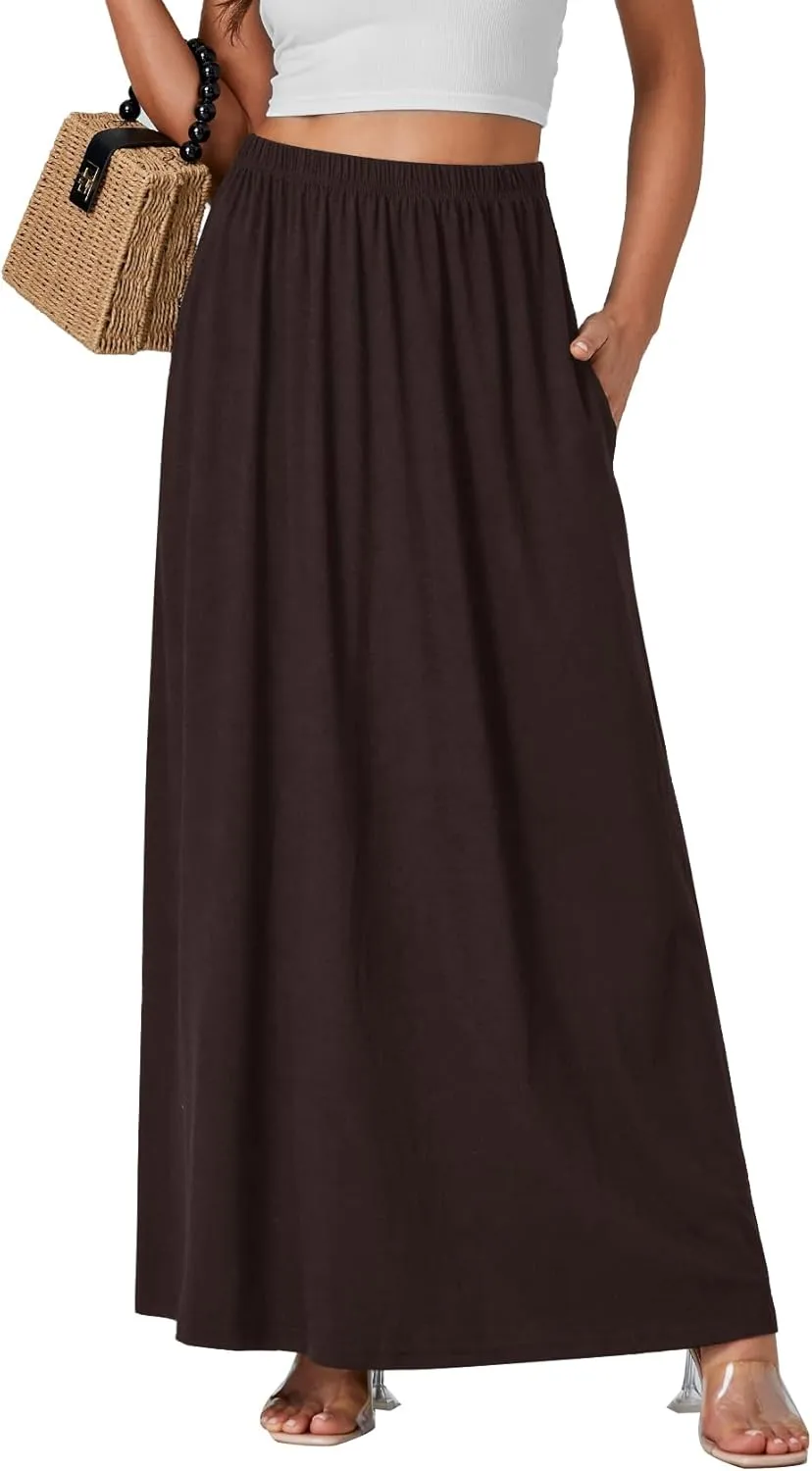 Vrtige Women's Casual Elastic High Waist Flowy Hem A Line Maxi Skirt with Pockets