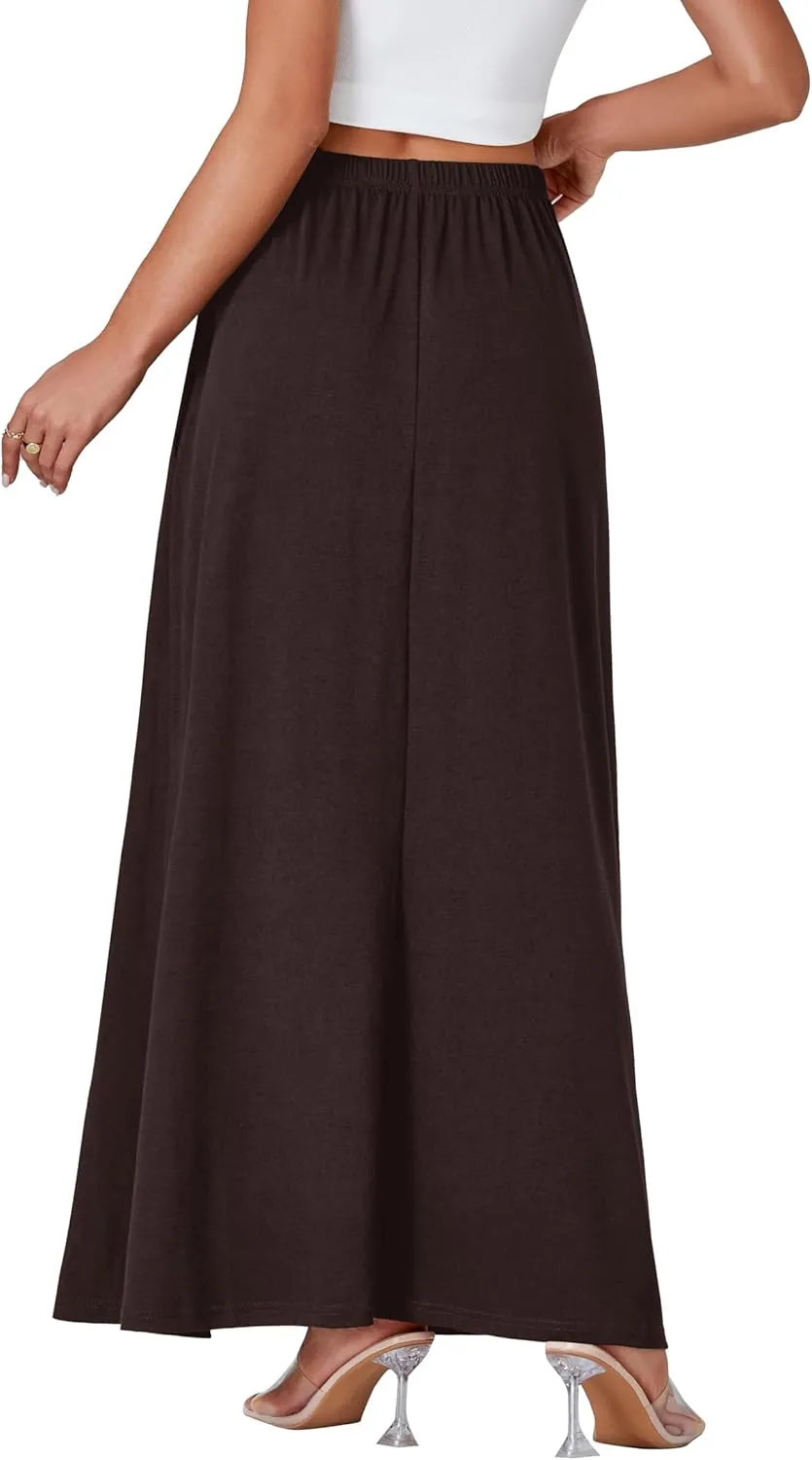 Vrtige Women's Casual Elastic High Waist Flowy Hem A Line Maxi Skirt with Pockets