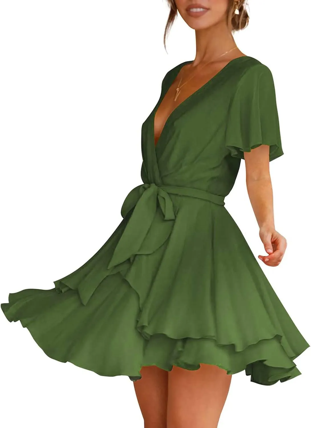 Waist Tie Layer Ruffle Dresses V-Neck Bandage Tunic Solid Mini Dress Short Sleeve Summer Dress for Women Sexy Sundress