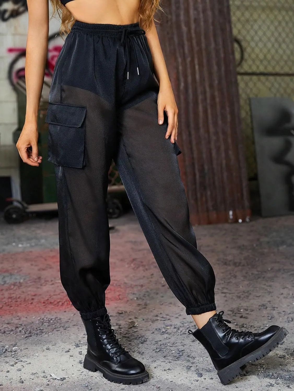 WDIRARA Women's Sheer Mesh High Waisted Straight Leg Cargo Pants with Pockets
