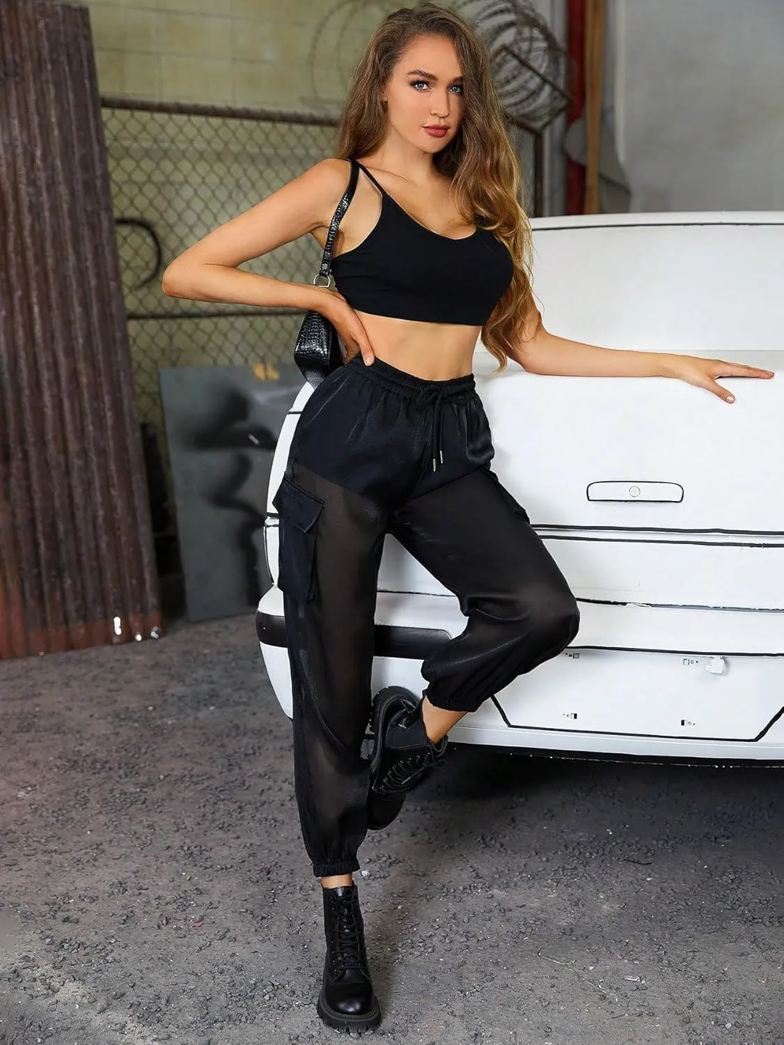 WDIRARA Women's Sheer Mesh High Waisted Straight Leg Cargo Pants with Pockets
