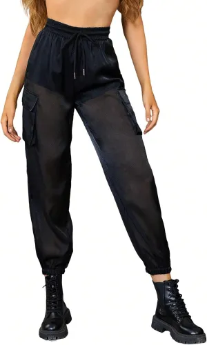 WDIRARA Women's Sheer Mesh High Waisted Straight Leg Cargo Pants with Pockets