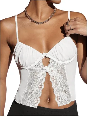 WDIRARA Women's Split Front Lace Trim Cami Top Spaghetti Strap Sweetheart Neck Camisole Bow Crop Vest Tops