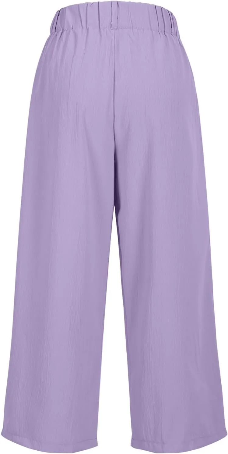 Wide Leg Capri Pants for Women Petite Linen Pants Women Summer Casual High Waisted Pants Trousers with Pockets