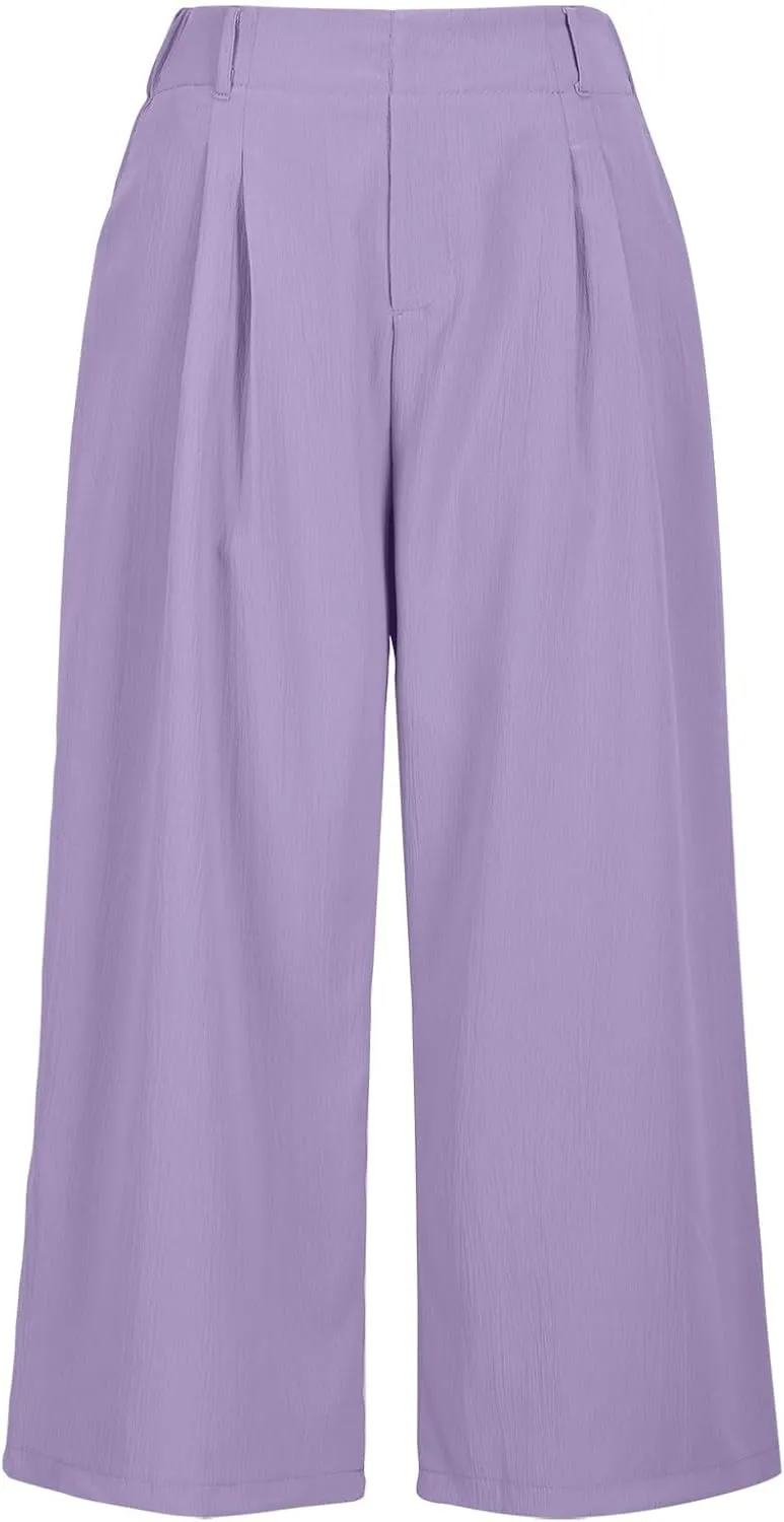 Wide Leg Capri Pants for Women Petite Linen Pants Women Summer Casual High Waisted Pants Trousers with Pockets