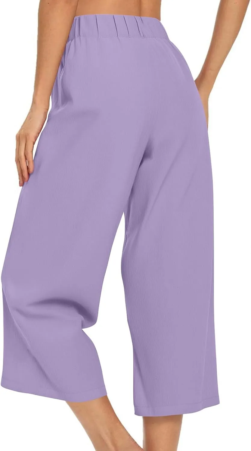 Wide Leg Capri Pants for Women Petite Linen Pants Women Summer Casual High Waisted Pants Trousers with Pockets