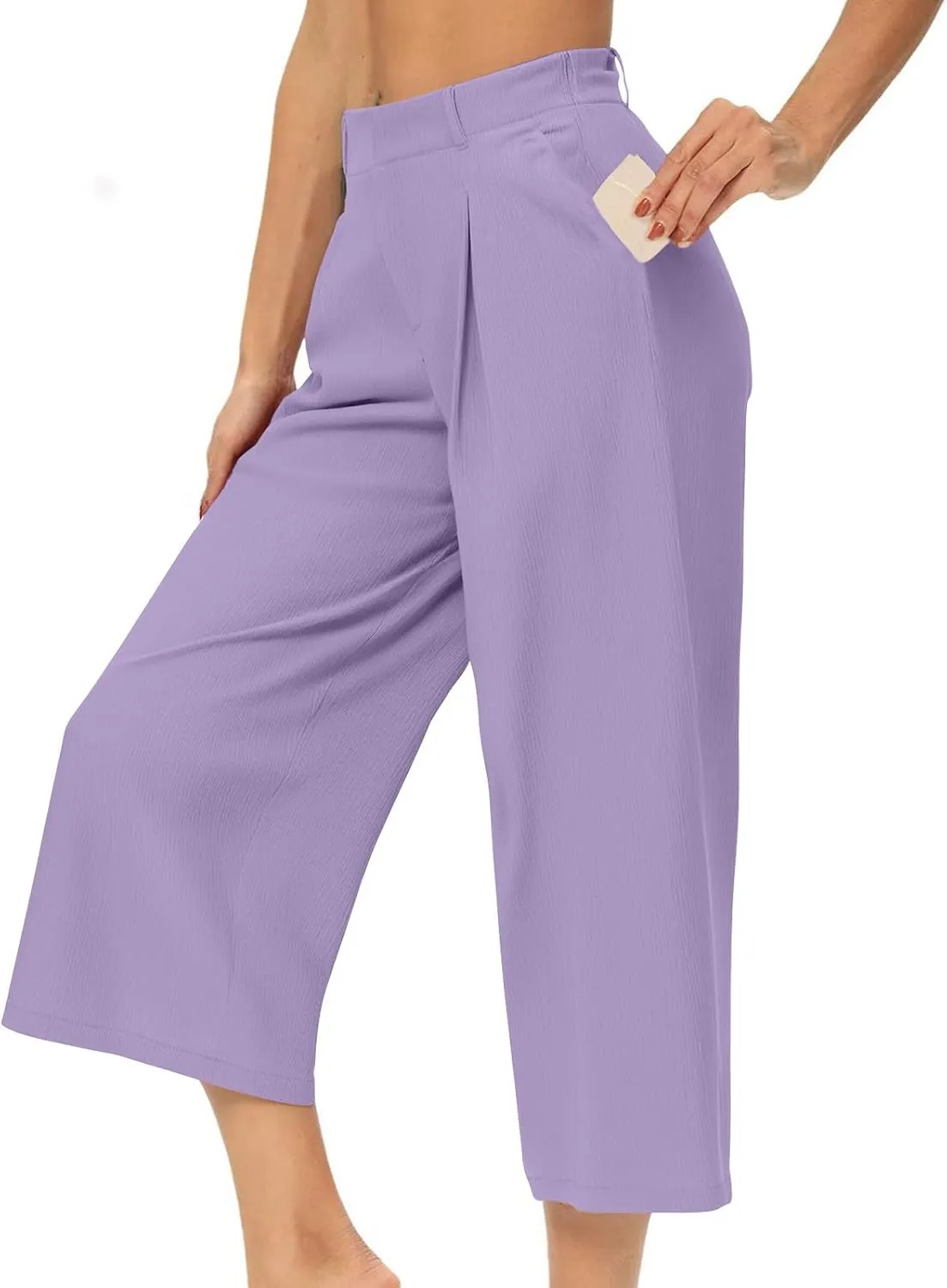 Wide Leg Capri Pants for Women Petite Linen Pants Women Summer Casual High Waisted Pants Trousers with Pockets