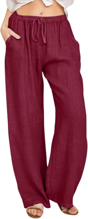 Wide Leg Linen Pants Women Summer Casual Linen Wide Leg Pants with Pockets Drawstring Beach Palazzo Pants Lounge Trousers, X-Large, #C9-wine