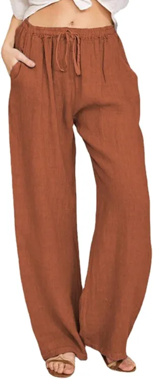 Wide Leg Linen Pants Women Summer Casual Linen Wide Leg Pants with Pockets Drawstring Beach Palazzo Pants Lounge Trousers, XX-Large, #C8-orange