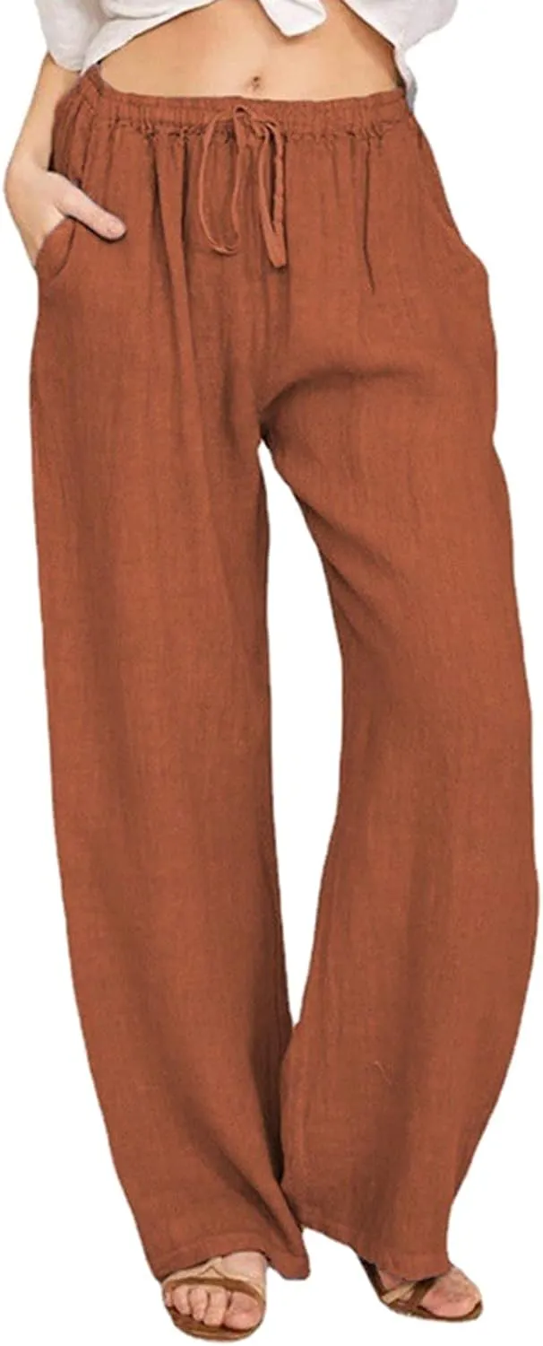 Wide Leg Linen Pants Women Summer Casual Linen Wide Leg Pants with Pockets Drawstring Beach Palazzo Pants Lounge Trousers, XX-Large, #C8-orange