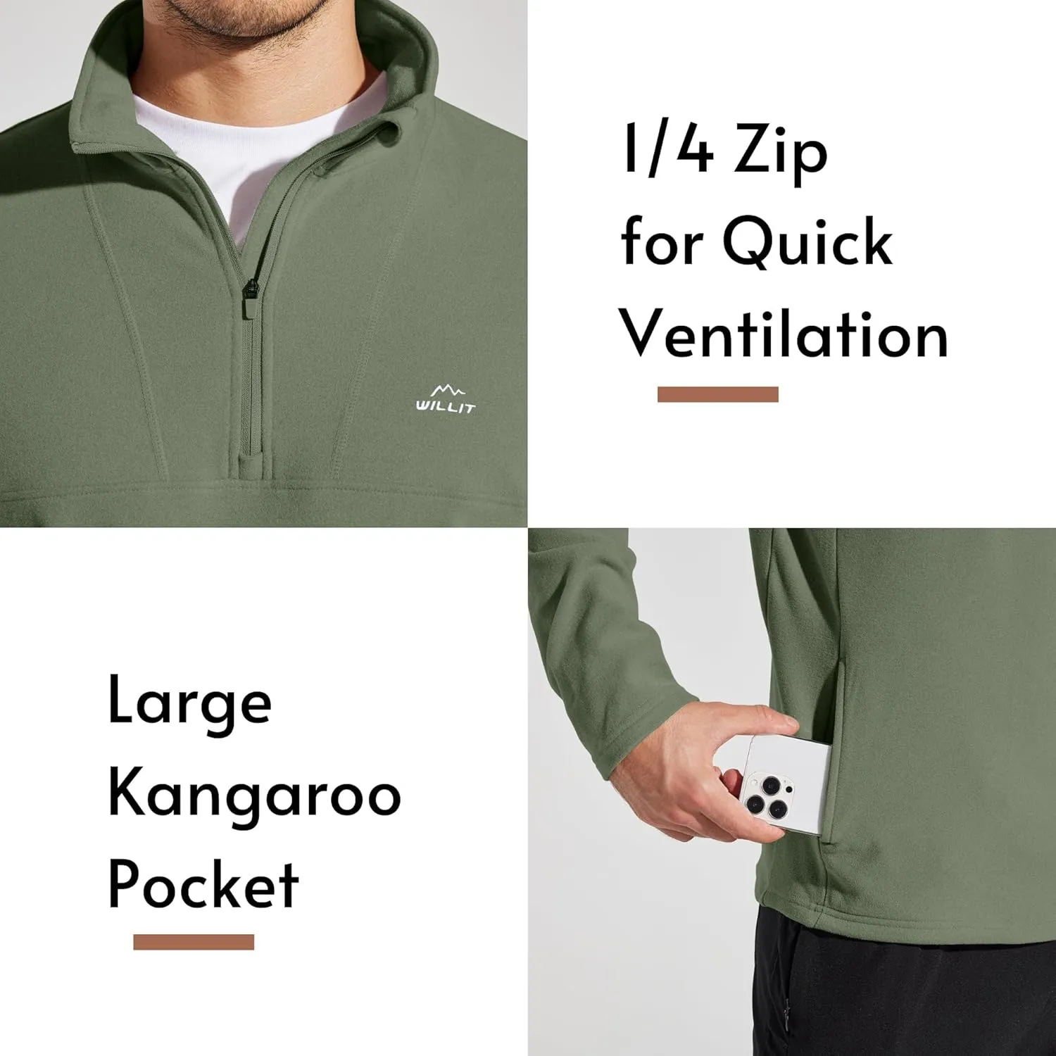 Willit Men's Winter Shirts Fleece Pullover with Pocket Quarter Zip Cold Weather Golf Hiking Casual Warm Shirts Long Sleeve