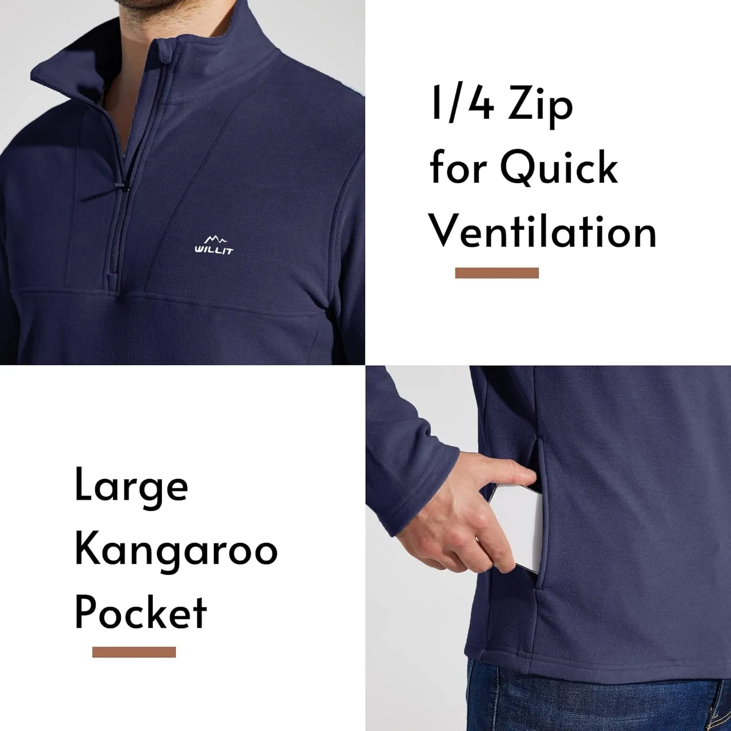 Willit Men's Winter Shirts Fleece Pullover with Pocket Quarter Zip Cold Weather Golf Hiking Casual Warm Shirts Long Sleeve