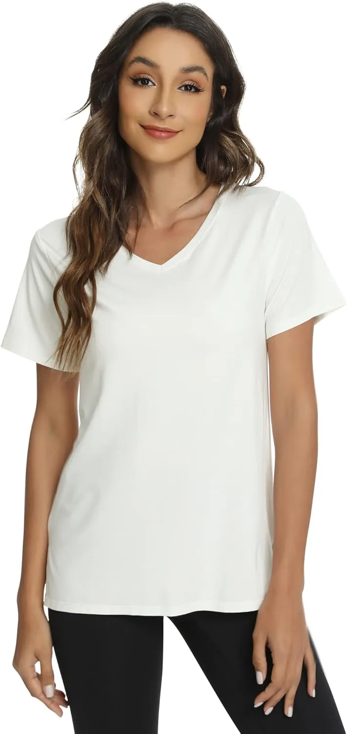 WiWi Viscose from Bamboo Pajama Tops for Women Soft Short Sleeve Tee Sleep Shirts V Neck T-Shirt Pjs Top Sleepwear S-XXL
