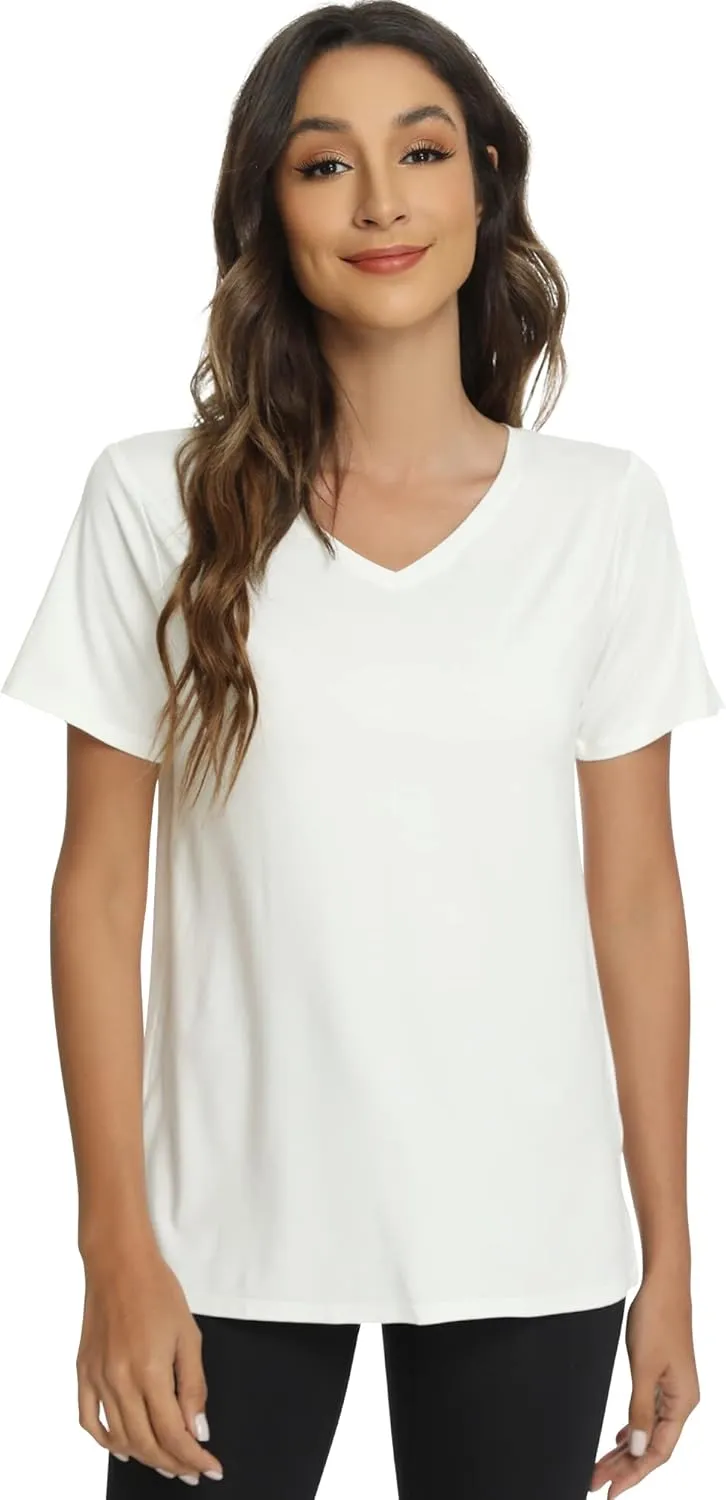WiWi Viscose from Bamboo Pajama Tops for Women Soft Short Sleeve Tee Sleep Shirts V Neck T-Shirt Pjs Top Sleepwear S-XXL