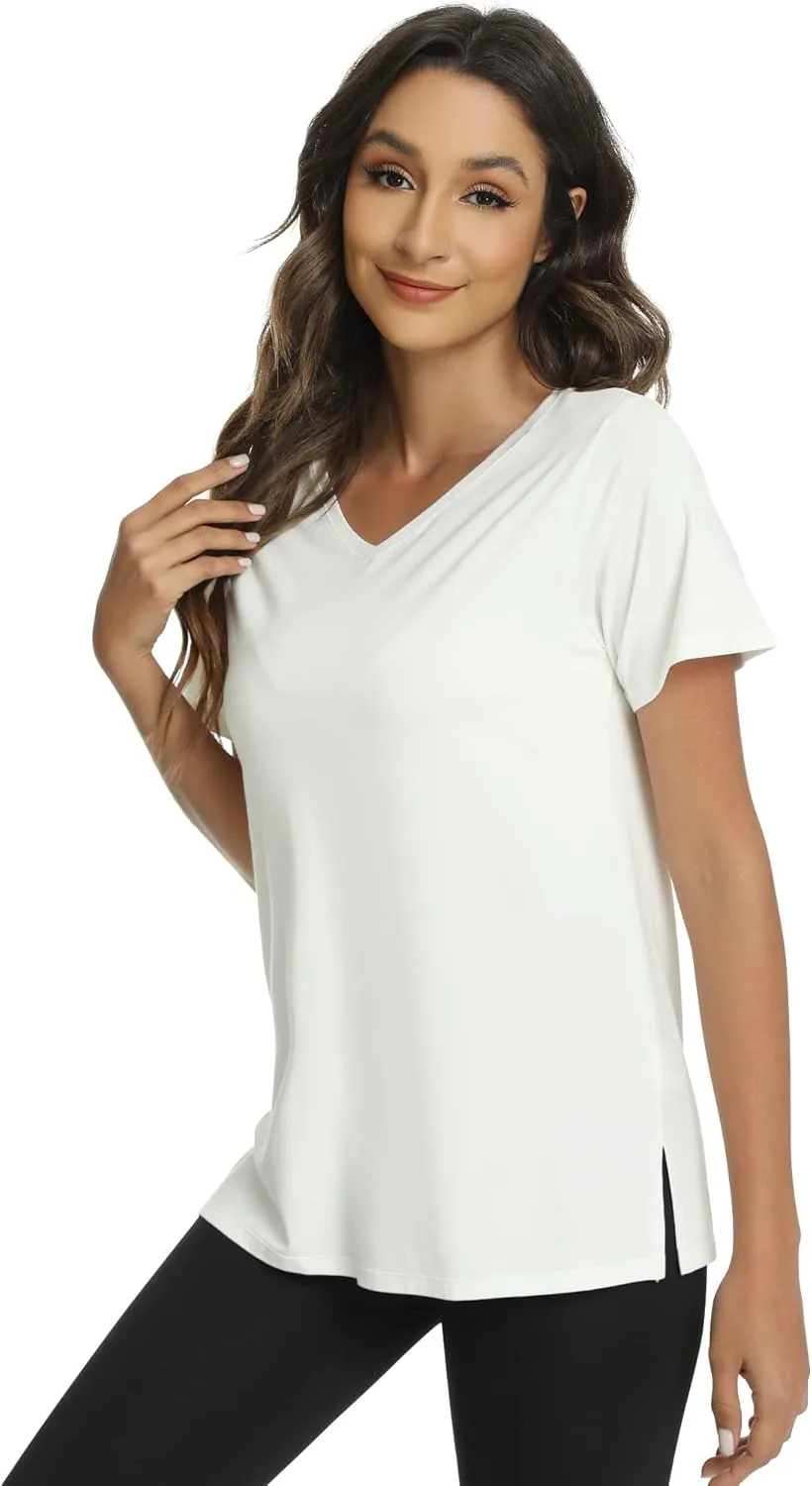 WiWi Viscose from Bamboo Pajama Tops for Women Soft Short Sleeve Tee Sleep Shirts V Neck T-Shirt Pjs Top Sleepwear S-XXL