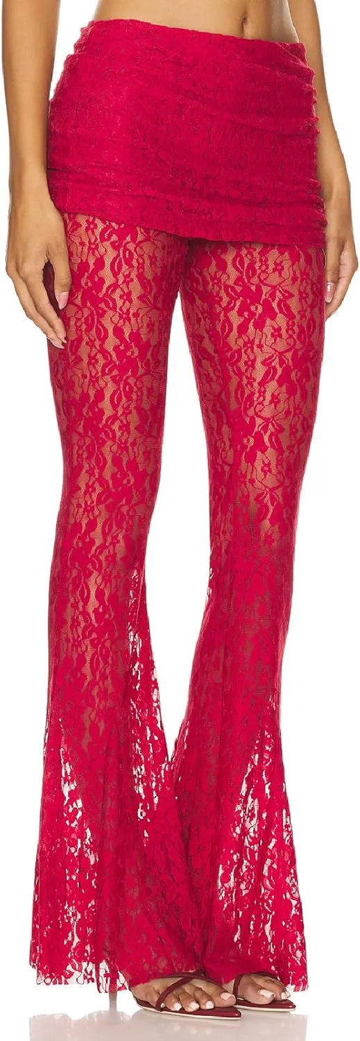 Woman Sexy See Through Lace Pants High Waist Flare Leg Trouser Solid Flower Lace Bell Bottoms Pants Streetwear