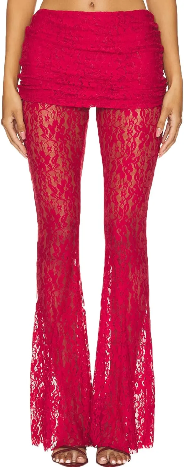 Woman Sexy See Through Lace Pants High Waist Flare Leg Trouser Solid Flower Lace Bell Bottoms Pants Streetwear