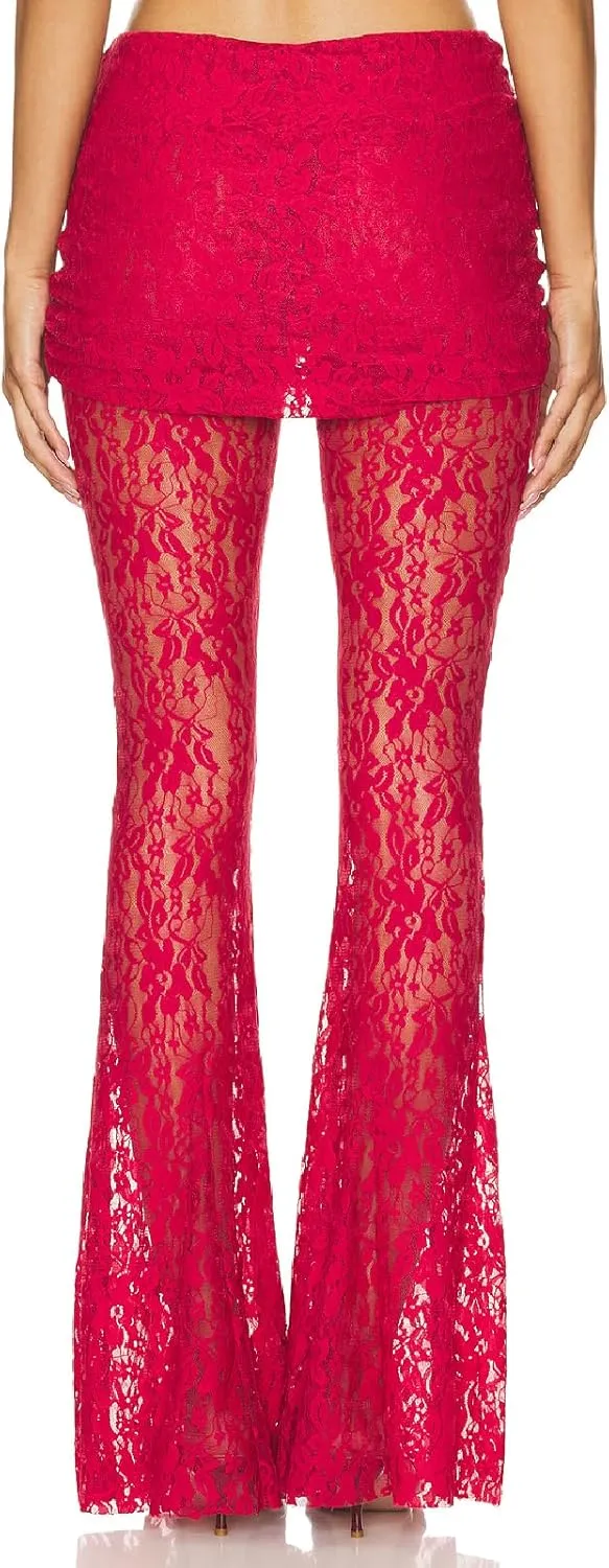 Woman Sexy See Through Lace Pants High Waist Flare Leg Trouser Solid Flower Lace Bell Bottoms Pants Streetwear