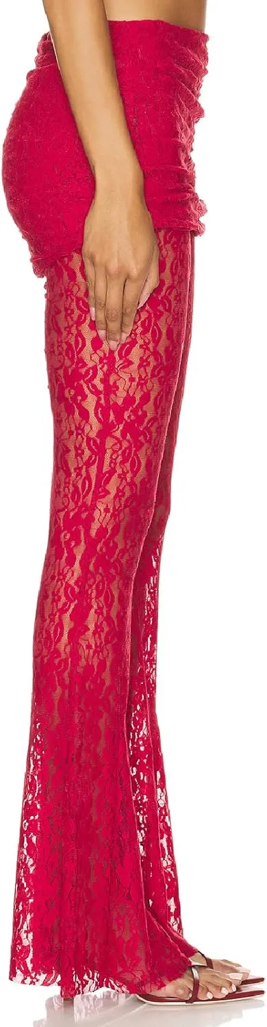 Woman Sexy See Through Lace Pants High Waist Flare Leg Trouser Solid Flower Lace Bell Bottoms Pants Streetwear