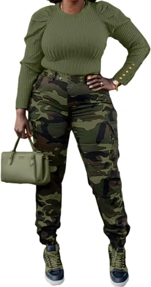 Woman's Casual Camouflage Camo Cargo Long Pants with Pockets