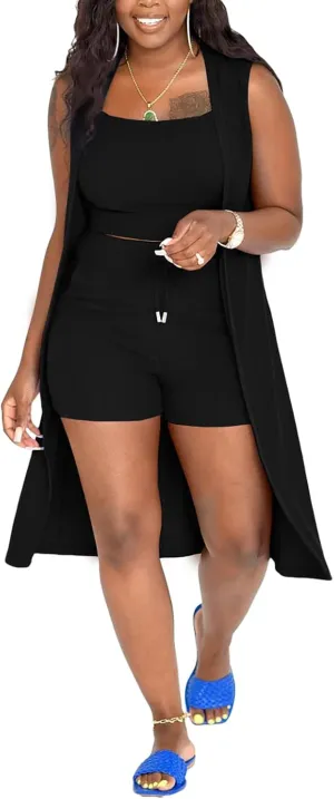 Women 3 Piece Outfits Ribbed Sleeveless Long Cardigan Crop Tank Tops Bodycon Shorts Sets Sweatsuit Lounge Set