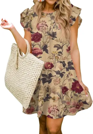 Women Babydoll Summer Casual Crew Neck Ruffle Sleeve Sleeveless Flowy Mini Short Tunic Dress Floral Print Pleated Dress1-Khaki,Small