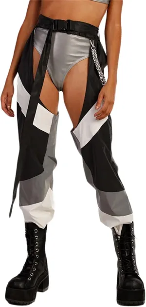 Women Buckle Bottomless Pants Sexy High Waist Rave Chaps Hollow Out Cargo Crotch Pants See Through Long Rave Leggings