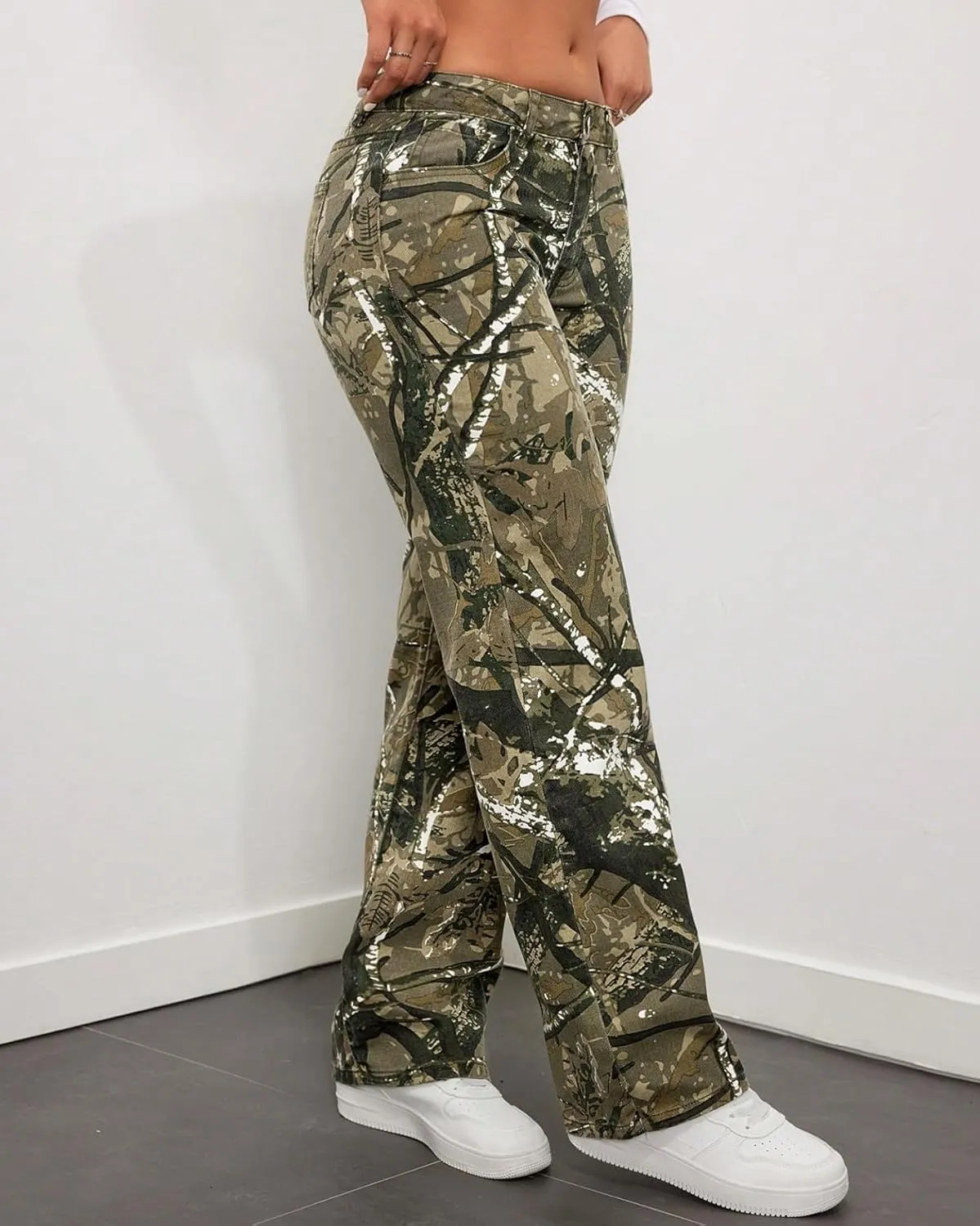 Women Camouflage Cargo Pants Low Waist Baggy Straight Wide Leg Trousers Jeans Slim Fit Pocket Sweatpants