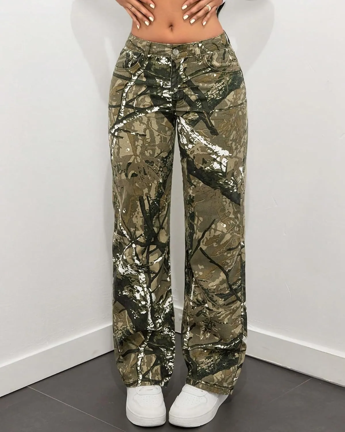 Women Camouflage Cargo Pants Low Waist Baggy Straight Wide Leg Trousers Jeans Slim Fit Pocket Sweatpants