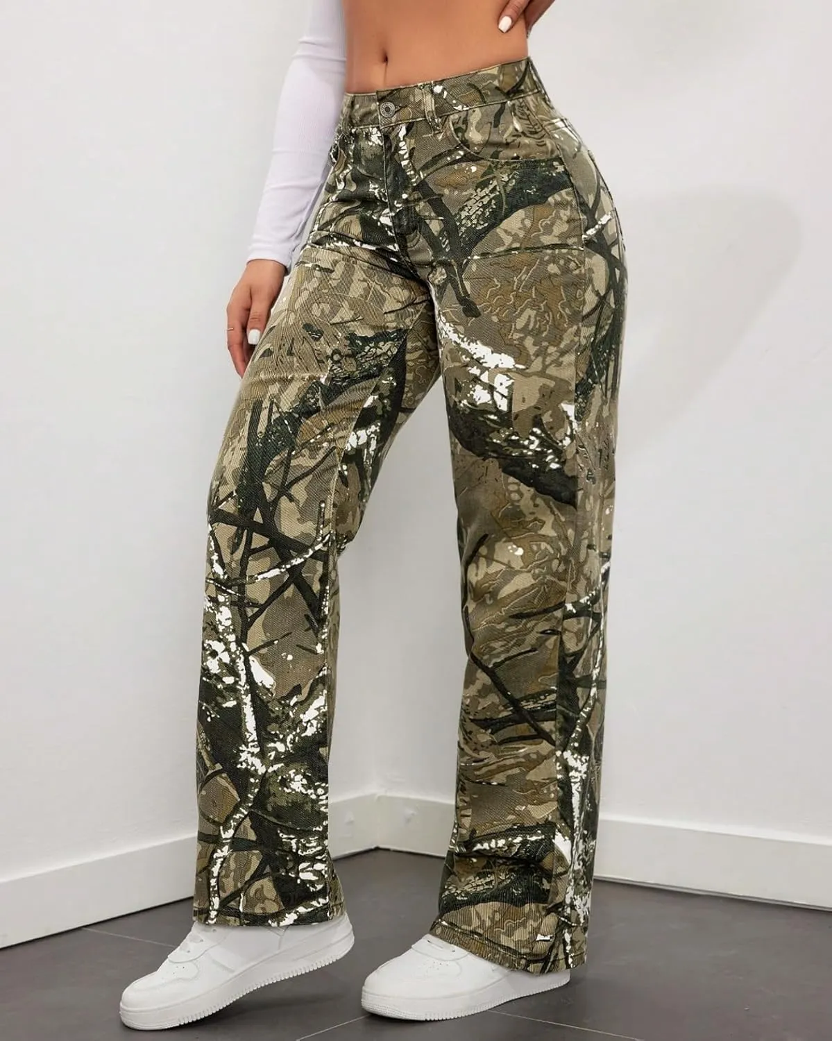 Women Camouflage Cargo Pants Low Waist Baggy Straight Wide Leg Trousers Jeans Slim Fit Pocket Sweatpants